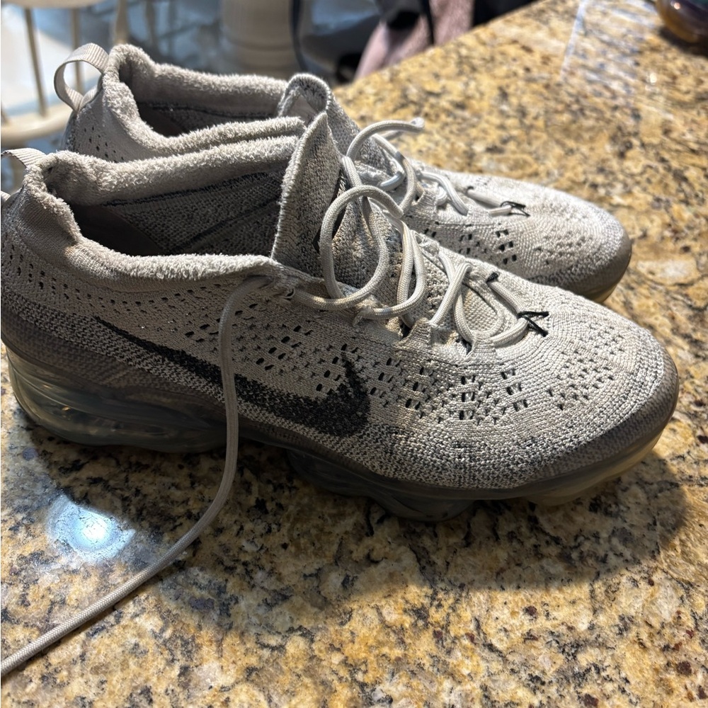 Nike Flyknit VaporMax Sneakers - Light Gray with Black Swoosh